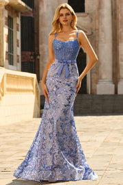 Sparkly Mermaid Grey Blue Corset Appliqued Prom Dress