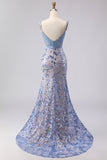 Grey Blue Sequin Mermaid Corset Prom Dress with Appliques