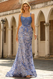 Sparkly Mermaid Grey Blue Corset Appliqued Prom Dress