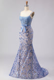 Grey Blue Sequin Mermaid Corset Prom Dress with Appliques