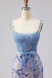 Grey Blue Sequin Mermaid Corset Prom Dress with Appliques