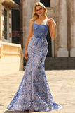 Sparkly Mermaid Grey Blue Corset Appliqued Prom Dress