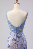 Grey Blue Sequin Mermaid Corset Prom Dress with Appliques