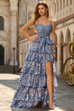 Sparkly Tiered Grey Blue Corset Appliqued Prom Dress