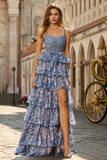 Sparkly Tiered Grey Blue Corset Appliqued Prom Dress