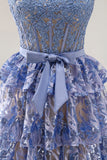 Sparkly Tiered Corset Bowed Appliqued Grey Blue Prom Dress