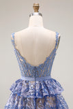 Sparkly Tiered Corset Bowed Appliqued Grey Blue Prom Dress
