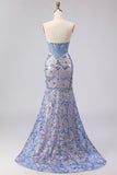 Grey Blue Sequin Mermaid Corset Strapless Prom Dress