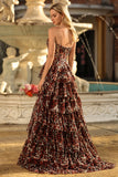 Corset Brown Leopard Strapless Tiered A-Line Prom Dress With Slit