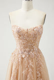 Sparkly Champagne Strapless Appliqued Prom Dress With Removable Sleeves