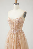 Sparkly Champagne Strapless Appliqued Prom Dress With Removable Sleeves