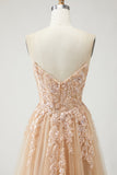 Sparkly Champagne Strapless Appliqued Prom Dress With Removable Sleeves