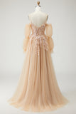 Sparkly Champagne Strapless Appliqued Prom Dress With Removable Sleeves