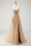 Sparkly Champagne Strapless Appliqued Prom Dress With Removable Sleeves