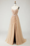 Sparkly Champagne Strapless Appliqued Prom Dress With Removable Sleeves
