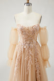 Sparkly Champagne Strapless Appliqued Prom Dress With Removable Sleeves
