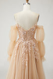 Sparkly Champagne Strapless Appliqued Prom Dress With Removable Sleeves