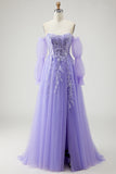 Sparkly Champagne Strapless Appliqued Prom Dress With Removable Sleeves