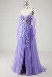 Sparkly Champagne Strapless Appliqued Prom Dress With Removable Sleeves