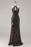 Sparkly Champagne Halter Mermaid Cut Out Prom Dress