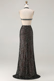 Sparkly Champagne Halter Mermaid Cut Out Prom Dress