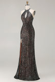 Sparkly Champagne Halter Mermaid Cut Out Prom Dress