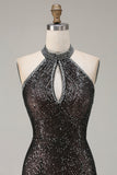 Sparkly Champagne Halter Mermaid Cut Out Prom Dress