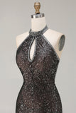 Sparkly Champagne Halter Mermaid Cut Out Prom Dress