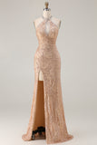 Sparkly Champagne Halter Mermaid Cut Out Prom Dress