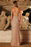 Sparkly Champagne Halter Mermaid Cut Out Prom Dress