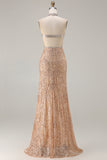 Sparkly Champagne Halter Mermaid Cut Out Prom Dress