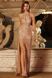 Sparkly Champagne Halter Mermaid Cut Out Prom Dress