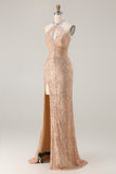 Sparkly Black Halter Mermaid Prom Dress With Slit