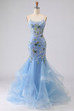 Sparkly Navy Mermaid Appliqued Corset Tulle Prom Dress