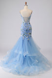 Sparkly Navy Mermaid Appliqued Corset Tulle Prom Dress