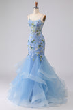 Sparkly Navy Mermaid Appliqued Corset Tulle Prom Dress
