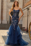 Sparkly Navy Mermaid Appliqued Corset Tulle Prom Dress