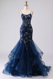Sparkly Navy Mermaid Appliqued Corset Tulle Prom Dress