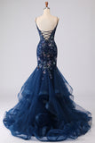 Sparkly Navy Mermaid Appliqued Corset Tulle Prom Dress