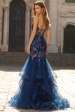 Sparkly Navy Mermaid Appliqued Corset Tulle Prom Dress