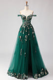 Dark Green A-Line Off The Shoulder Sequin Prom Dress With Slit