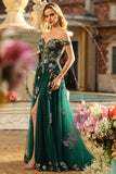 Dark Green A-Line Off The Shoulder Sequin Prom Dress With Slit