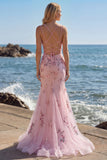 Purple Floral Mermaid Corset Spaghetti Straps Prom Dress With Sequins