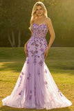 Purple Mermaid Corset Prom Dress with Appliques