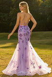 Purple Floral Mermaid Corset Spaghetti Straps Prom Dress With Sequins
