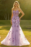 Purple Mermaid Corset Prom Dress with Appliques