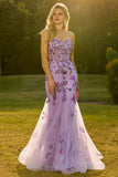 Purple Mermaid Corset Prom Dress with Appliques