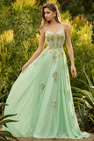 Green A Line Corset Beaded Appliqued Prom Dress