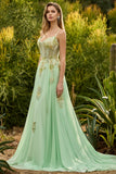 Green A Line Corset Beaded Appliqued Prom Dress