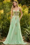 Green A Line Corset Beaded Appliqued Prom Dress